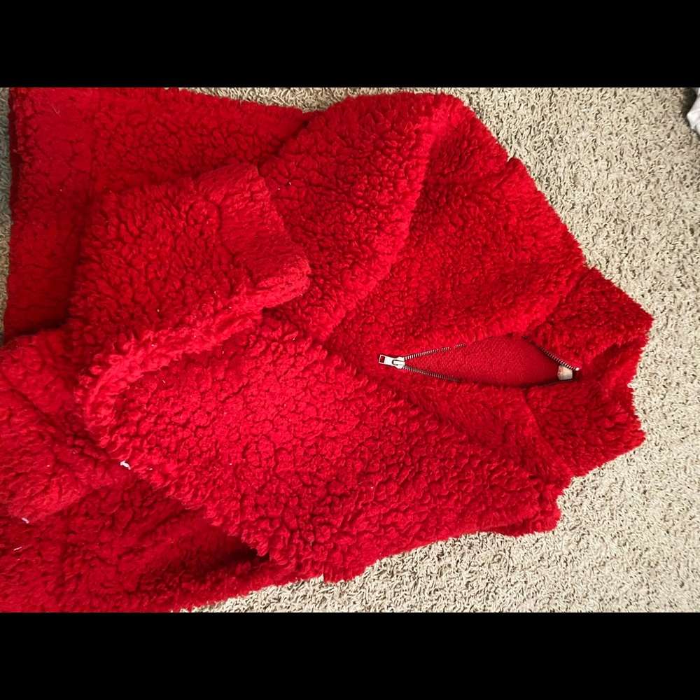 red fuzzy quarter zip hoodie